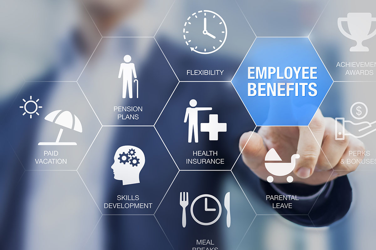 man touches translucent benefits graphic while working on better benefits admin for employees/Corporate Synergies