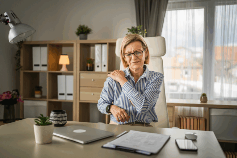 Woman with a chronic condition grimaces at her desk worrying about career setbacks| Corporate Synergies